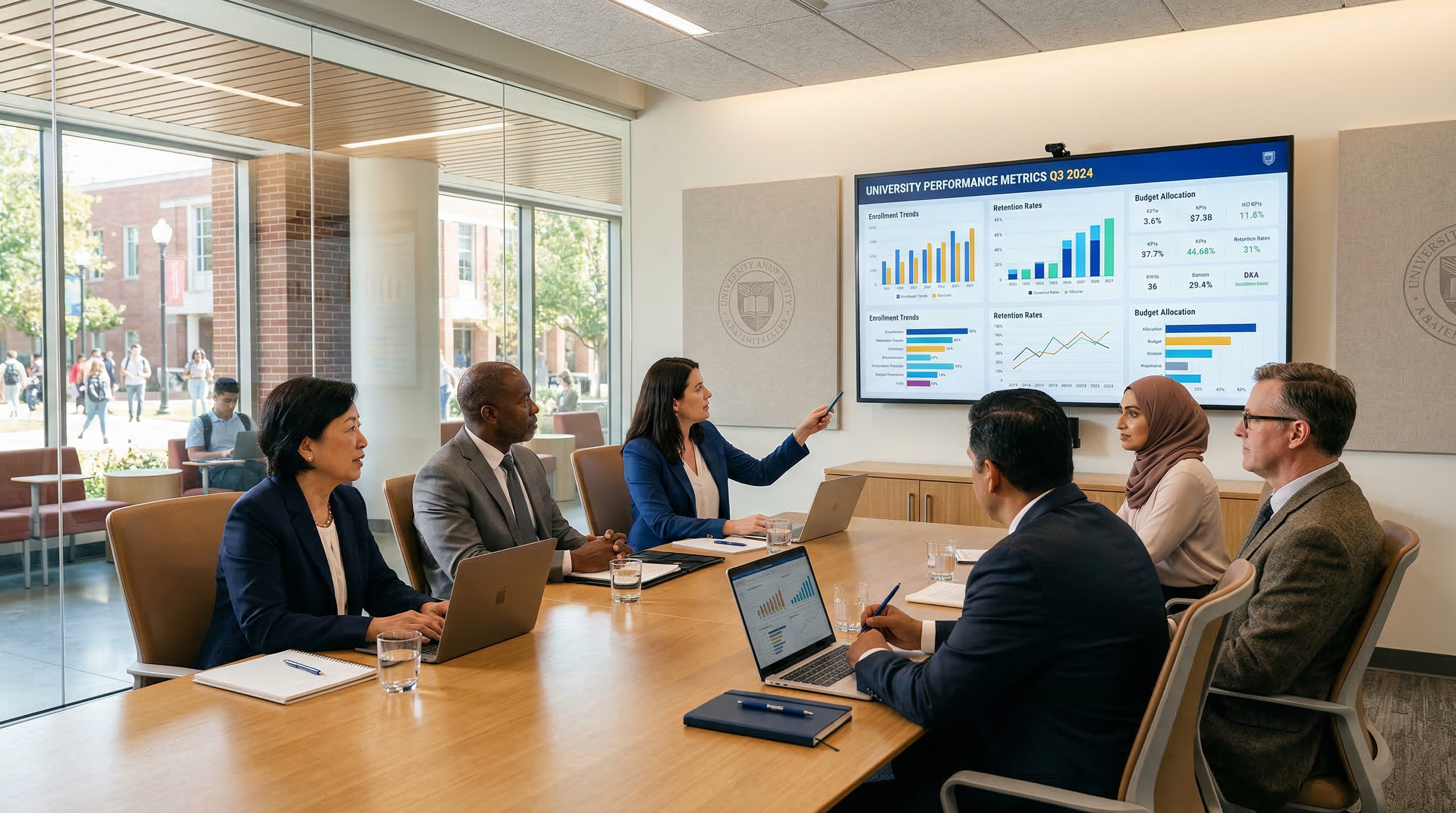 College administrators reviewing analytics in a boardroom